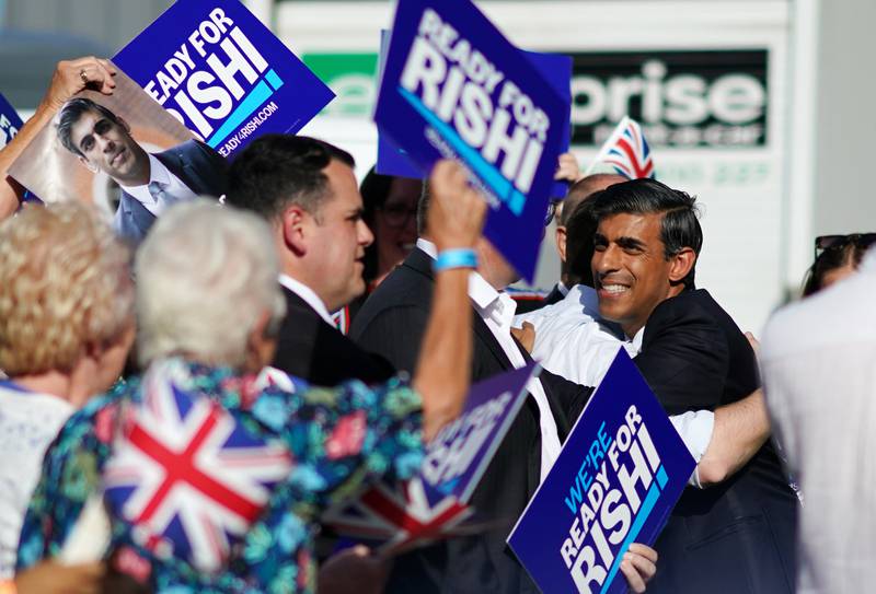 Rishi Sunak is greeted as he arrives for the Darlington hustings. Getty