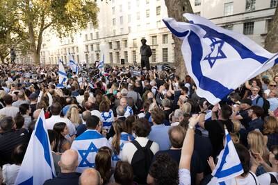 Pro-Israel demonstrators gather near Downing Street, in London. Reuters