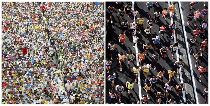 Combination photos show runners fill the street at the start of the Tokyo Marathon 2019 in Tokyo, Japan in this March 3, 2019 (left) Kyodo photo and runners during the Tokyo Marathon 2020 in Tokyo, Japan March 1, 2020. The 2020 Tokyo Marathon was limited to elite runners marking the latest sports events to be affected by fears over the new coronavirus.  Reuters