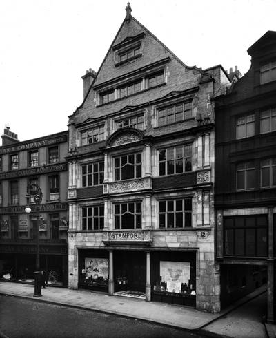 the front elevation of 12-14 long acre, the premises of edward standford map publishers this shop with offices, circa 1900-01, was designed in a flemish rennaissance style by architects read and macdonald. the photograph was one of a batch showing the new premises in long acre and premises in cockspur street. edward stanford greater london city of westminster westminster