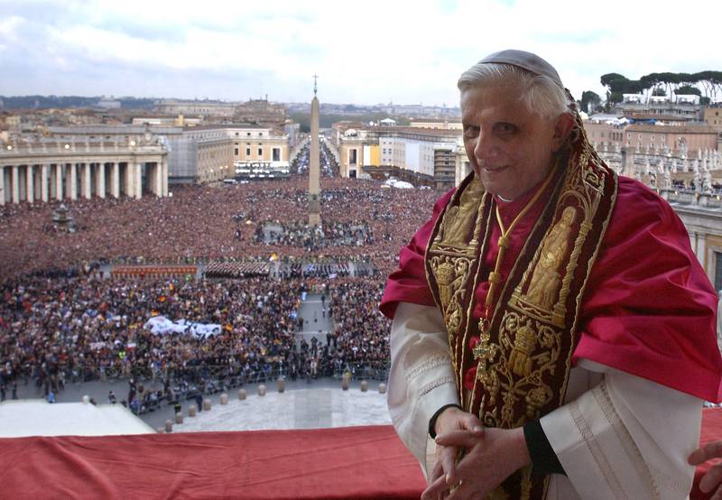 Pope Benedict XVI on the balcony of St Peter's Basilica in the Vatican after being elected by the conclave of cardinals. AFP