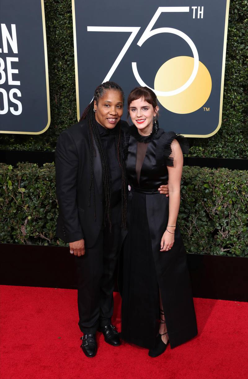 epa06424454 Marai Larasi (L) and Emma Watson (R) arrive for the 75th annual Golden Globe Awards ceremony at the Beverly Hilton Hotel in Beverly Hills, California, USA, 07 January 2018.