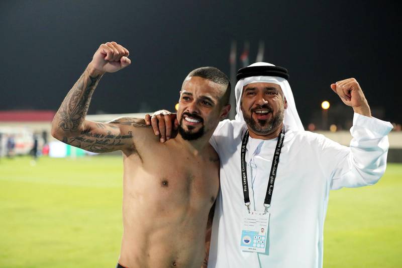 Sharjah, United Arab Emirates - May 15, 2019: Football. Sharjah's Welliton Morais celebrates winning the league after the game between Sharjah and Al Wahda in the Arabian Gulf League. Wednesday the 15th of May 2019. Sharjah Football club, Sharjah. Chris Whiteoak / The National