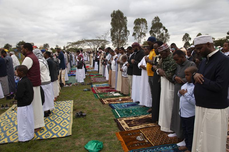 Kenyan Muslims offer prayers outside Masjid As Salaam, in Nairobi. AP
