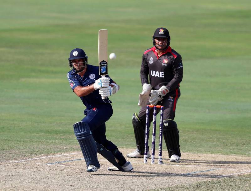 Dubai, United Arab Emirates - October 30, 2019: Kyle Coetzer of Scotland scores more runs during the game between the UAE and Scotland in the World Cup Qualifier in the Dubai International Cricket Stadium. Wednesday the 30th of October 2019. Sports City, Dubai. Chris Whiteoak / The National