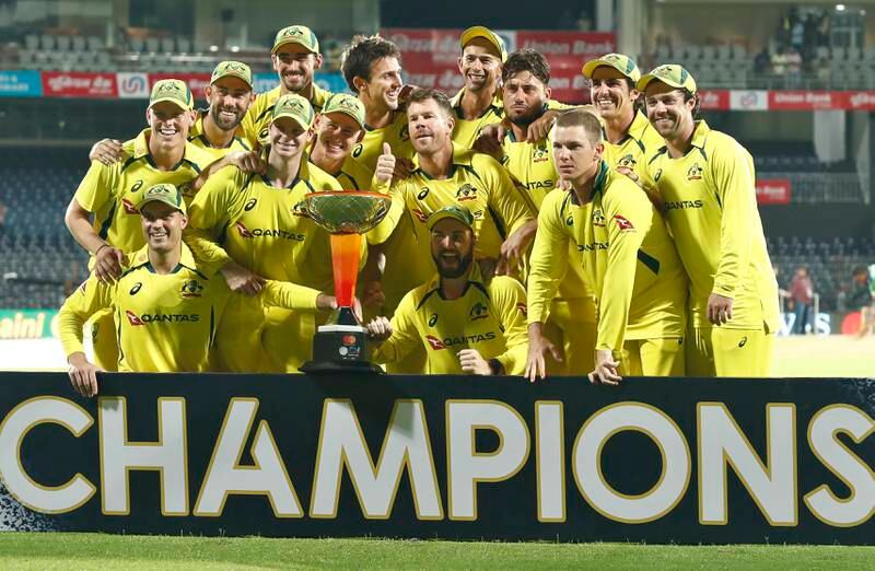 Australia celebrate after beating India in the third One-Day International at MA Chidambaram Stadium in Chennai, on March 22, 2023. Australia won the match by 21 runs and the series 2-1. Getty