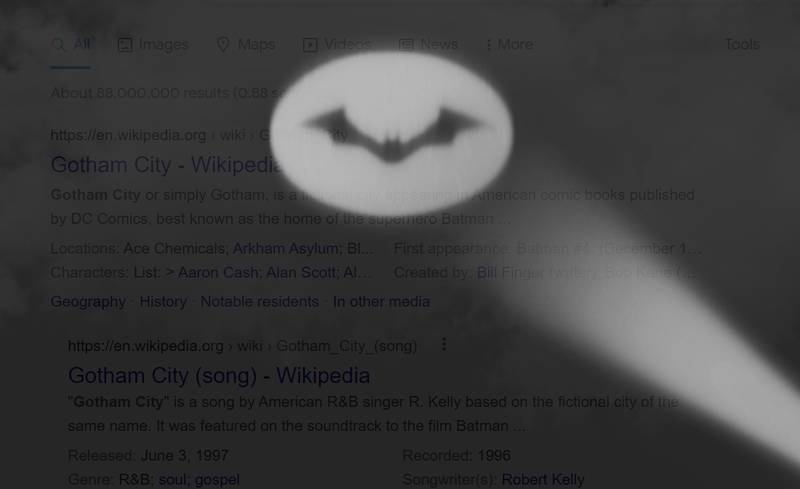 Typing Bruce Wayne, Gotham City, Bat-Signal or Caped Crusader into Google will direct users to an animated yellow light box featuring the Batman’s famous logo. Picture: Google
