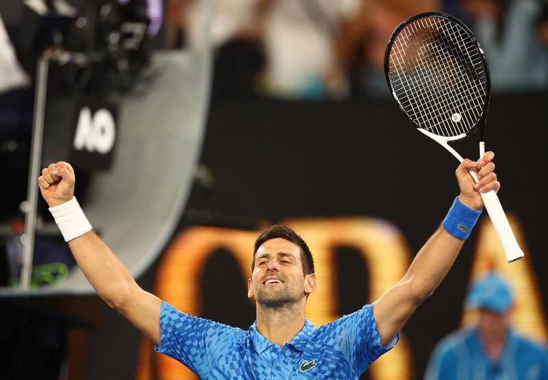 Serbia's Novak Djokovic celebrates after winning his first-round match at the Australian Open against Spain's Roberto Carballes Baena in the Rod Laver Arena at Melbourne Park on January 18, 2023. Reuters