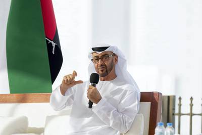ABU DHABI, UNITED ARAB EMIRATES - March 16, 2020: HH Sheikh Mohamed bin Zayed Al Nahyan, Crown Prince of Abu Dhabi and Deputy Supreme Commander of the UAE Armed Forces (C), delivers a speech about the UAE’s Covid19 response, during a Sea Palace barza. 

( Hamad Al Kaabi  / Ministry of Presidential Affairs )
---