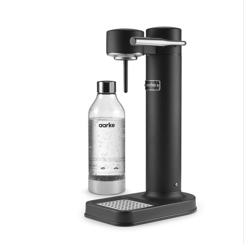 The Aarke carbonator, the world's first sparkling water maker designed with a complete stainless steel enclosure.