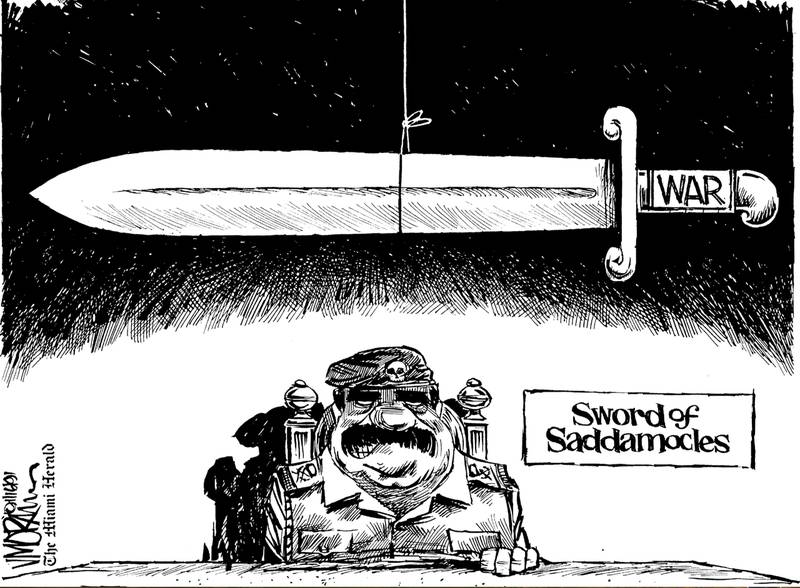 Saddam Hussein, depicted in this 1991 cartoon by Mr Morin.