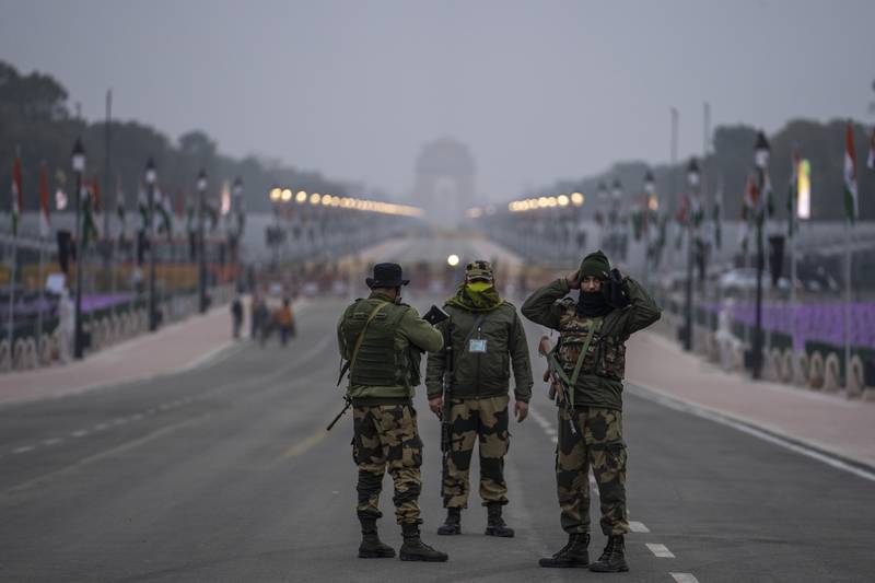 Paramilitary soldiers near a police barricade on Rajpath, in New Delhi, India, in January, 2022. AP Photo