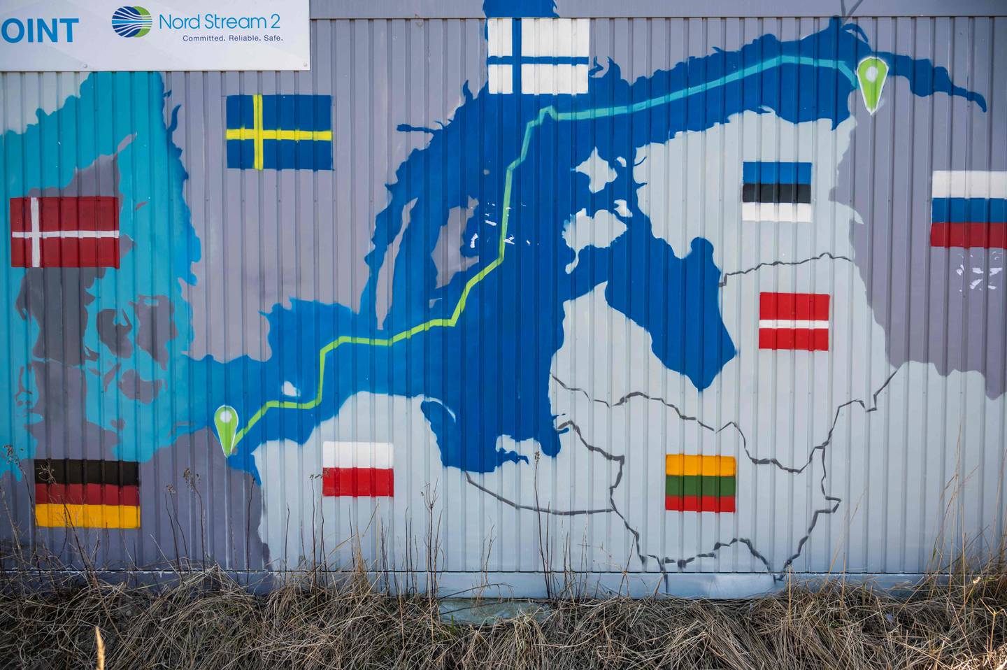 A mural showing the route of the Nord Stream 2 gas pipeline from Russia to Germany. AFP 