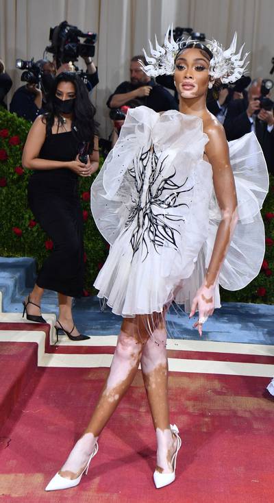 Winnie Harlow, in a white tulle design. AFP