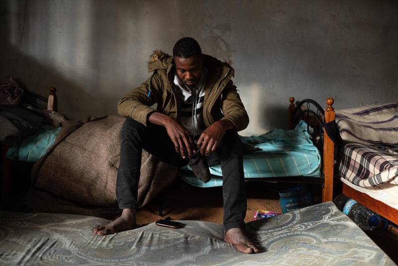 Hassan, a 17-year-old refugee from Darfur, Sudan arrived in Libya one year ago. He says he has been arrested and detained in detention centres. He broke both his feet while trying to escape from Tajoura Detention Centre, and says he was heavily beaten by the guards after he was caught. Since that day, he can’t wear shoes and can’t work. He says he wants to go to Europe to receive medical treatment, because in Libya he cannot access to medical care.