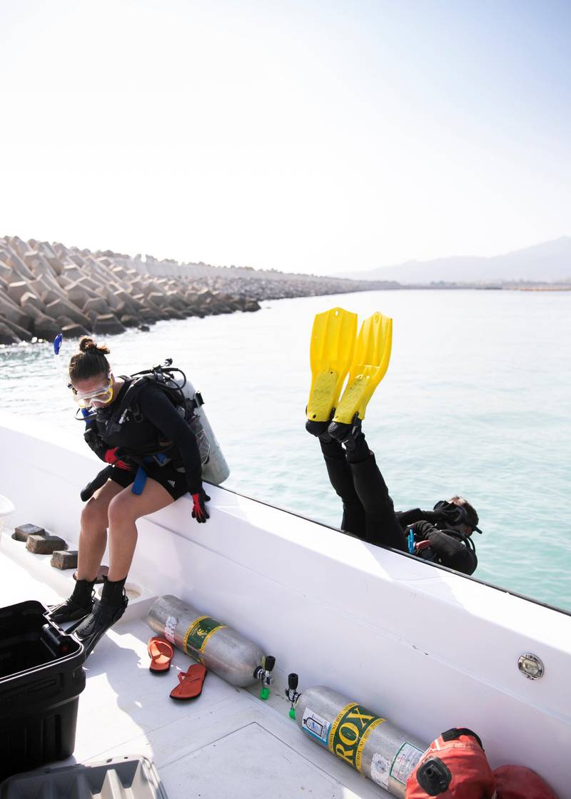 FUJAIRAH, UNITED ARAB EMIRATES. 3 AUGUST 2020. Tandi McRae, a teacher from New Zealand, volunteers.The UAE is calling on more volunteer divers to help restore and replant coral reefs in the open waters of Fujairah.Over the next five days, teams of volunteers will take fresh coral from Dibba Fujairah Port and replant it further out at sea, about 1km from Dibba Rock, a popular diving spot in the emirate.  The campaign is part of an initiative by the Ministry of Climate Change and Environment and Fujairah Adventure Centre to help sustain and grow marine life in UAE waters.(Photo: Reem Mohammed/The National)Reporter:Section: