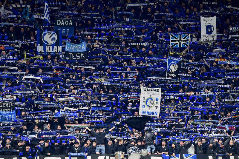 Atalanta fans during the Champions League last-16 first-leg game against Valencia at the San Siro stadium in Milan on Wednesday, February 19. The Italians won the game 4-1. AFP