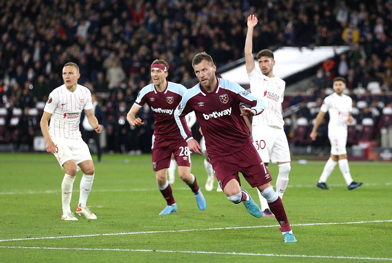 West Ham United's Andriy Yarmolenko celebrates scoring during the Europa League last-16 second leg against Sevilla at the London Stadium. PA