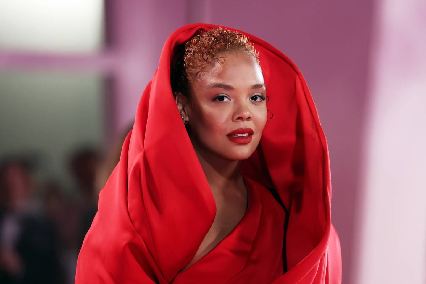 Tessa Thompson went for head-to-toe red in this dramatic hooded look by Elie Saab. The British actress even dyed her hair to match. Getty Images