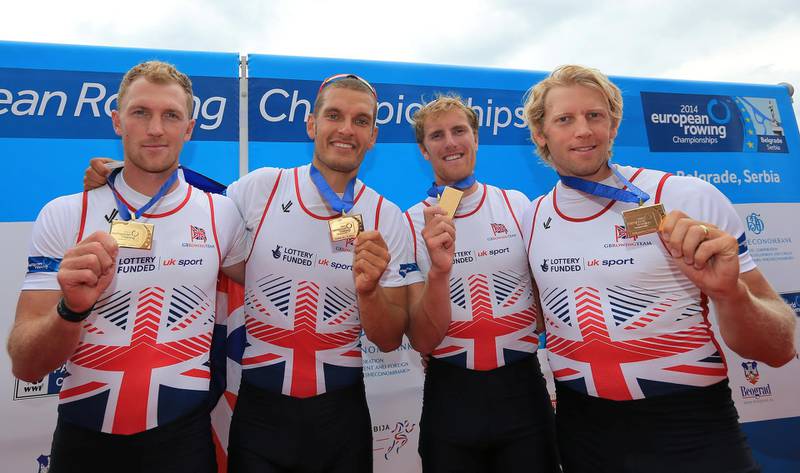 BELGRADE, SERBIA - JUNE 01: (L-R) Alex Gregory Mohamed Sbihi George Nash and Andrew Hodge Trigss of Great Britain (gold)  pose with their medals after the Men's Four final during day three of the 2014 European Rowing Championships on June 1, 2014 in Belgrade, Serbia.  (Photo by Srdjan Stevanovic/Getty Images)