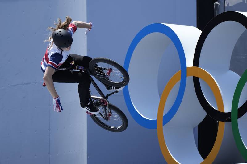 Great Britain's Charlotte Worthington on her way to winning gold in the women's BMX freestyle at the Ariake Urban Sports Park in Tokyo.