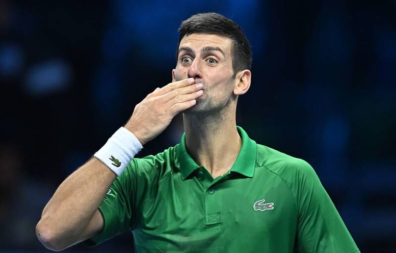 Novak Djokovic celebrates his win over Andrey Rublev which booked his place in the semi-finals of the ATP Finals in Turin, Italy. EPA