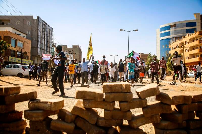 People protest in Khartoum. Thousands have rallied in Sudan’s capital in recent days to demonstrate against military rule. EPA