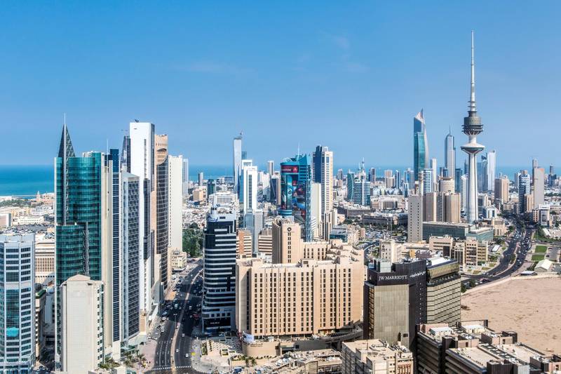 Kuwait, Kuwait City, Elevated view of the modern city skyline and central business district