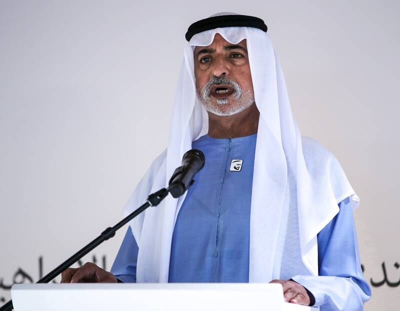 Sheikh Nahyan bin Mubarak, Minister of Tolerance and Coexistence, speaks during the Abrahamic Family House Forum. Victor Besa / The National