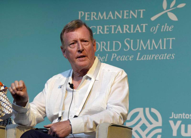 Mandatory Credit: Photo by CUAUHTEMOC MORENO/EPA-EFE/Shutterstock (10418848c)IrishNobel Peace Prize laureate David Trimble participates in a lecture at the World Summit of Nobel Peace Laureates in Merida, Mexico, 19 September 2019. The summit will be held from 19 September to 22 September 2019.World Summit of Nobel Peace Laureates held in Mexico, Merida - 19 Sep 2019
