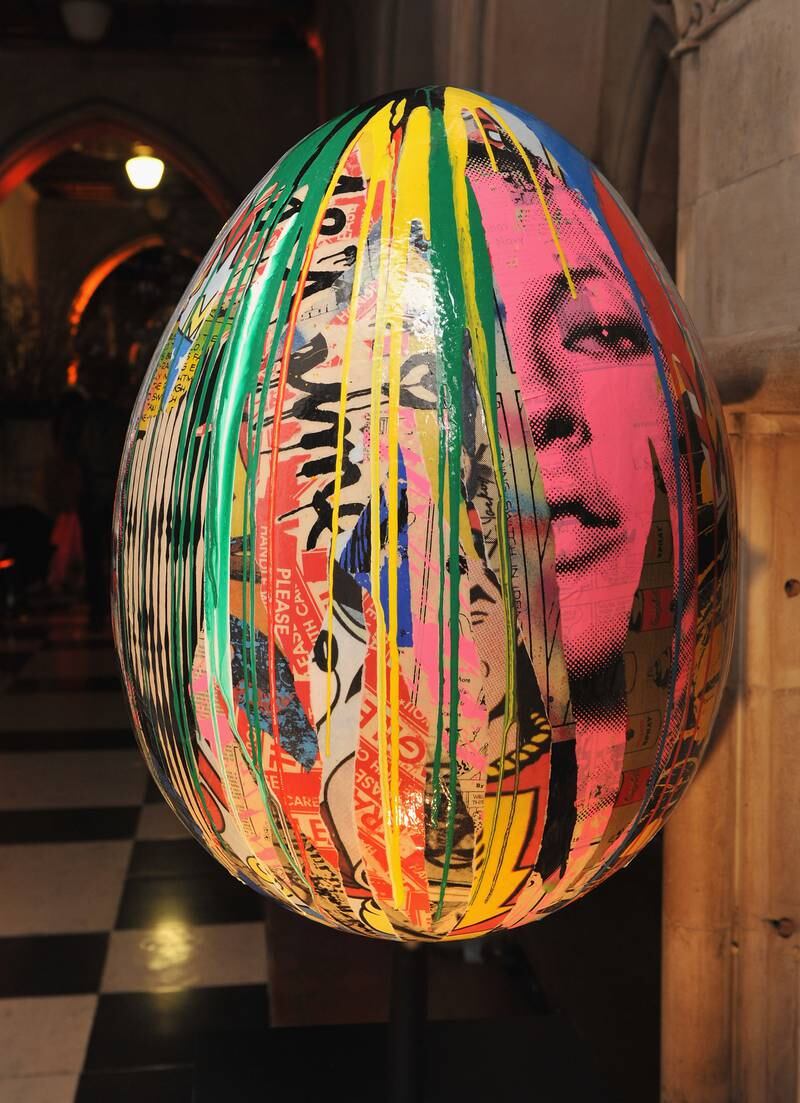 'Life is beautiful' by Mr Brainwash at The Faberge Big Egg Hunt - Grand Auction raising money for Action for Children and Elephant Family, at Royal Courts of Justice, Strand on March 20, 2012 in London, England. WireImage