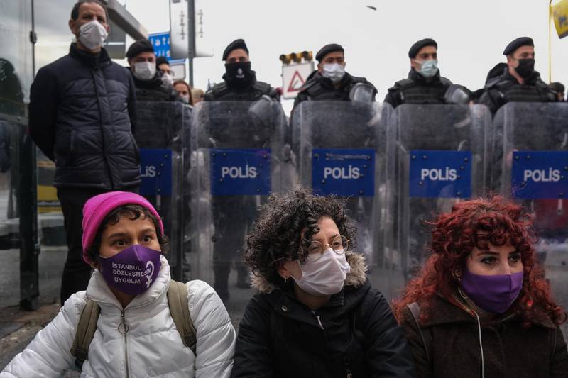 Protesters sit on the ground during the demonstration against Turkey's decision to withdraw from the Istanbul Convention. Turkish President Recep Tayyip Erdogan pulled his country out of the convention, which is an international accord designed to protect women started by the Council of Europe in 2011. EPA
