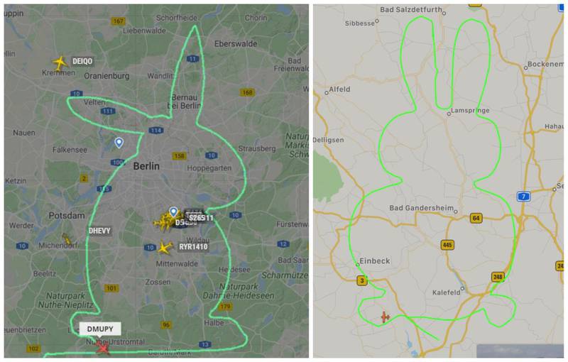 Two Easter bunnies appeared in the sky over Germany on the weekend. Courtesy FlightRadar24