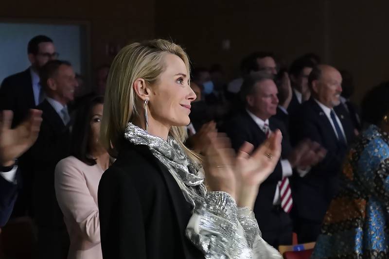 Ms Siebel Newsom claps for her husband after he gives  his annual State of the State address in Sacramento. AP