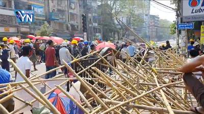 Barricades are seen during a protest on the street in Yangon, Myanmar in this screengrab obtained from a social media video. Reuters