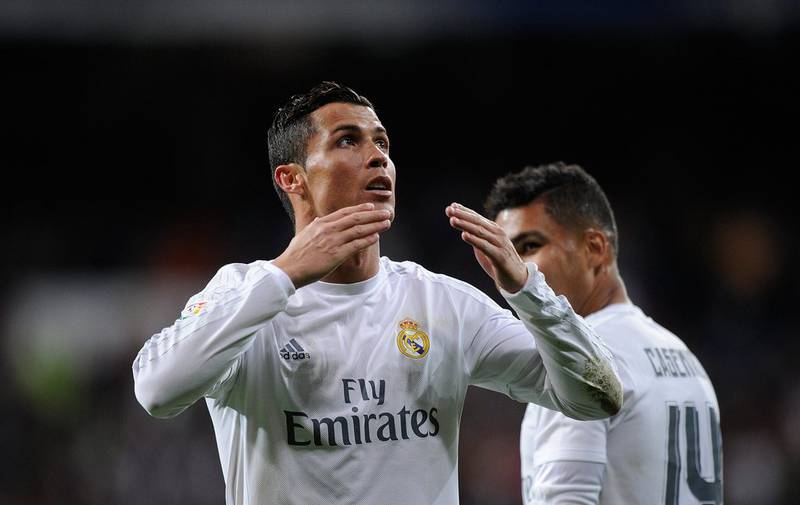 Cristiano Ronaldo celebrates scoring for Emirates-sponsored Real Madrid. Denis Doyle / Getty Images