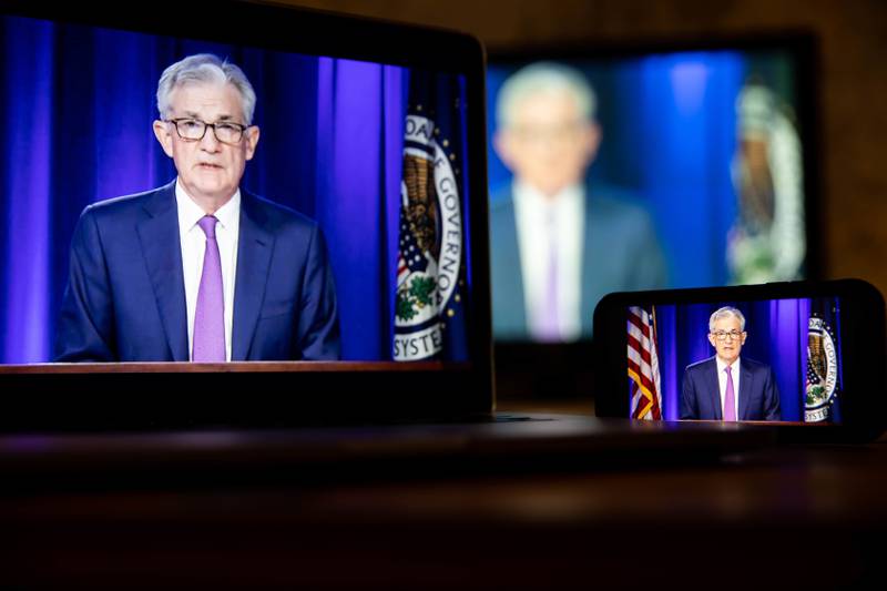 Jerome Powell, chairman of the US Federal Reserve, speaks during a live-streamed news conference following a Federal Open Market Committee meeting in New York.  Bloomberg