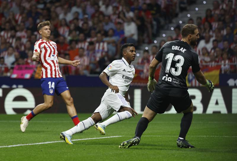 Rodrygo scores Real Madrid's first goal against Atletico Madrid. Reuters