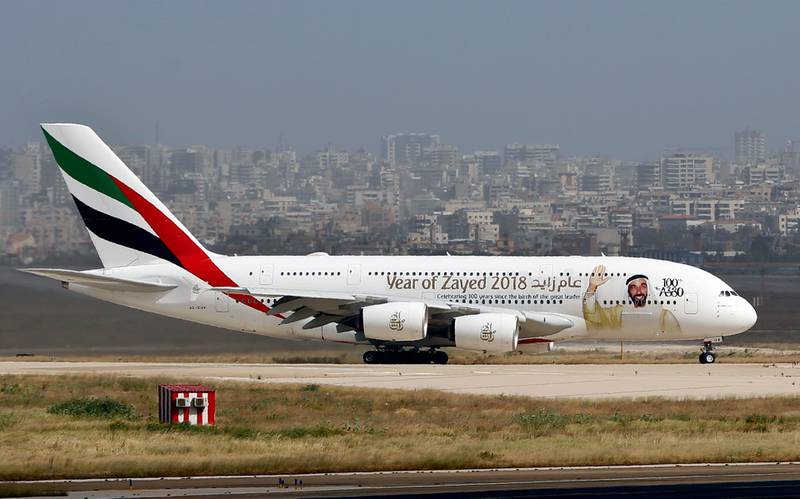 A double-decker Airbus A380 plane lands at the Rafik Hariri International Airport in Beirut, Lebanon, Thursday, March. 29, 2018. An Emirates Airline superjumbo jet has landed at Beirut's international airport as Lebanon looks to sustain a revival of its tourism industry. It is the first revenue A380 flight to the country. (AP Photo/Bilal Hussein)