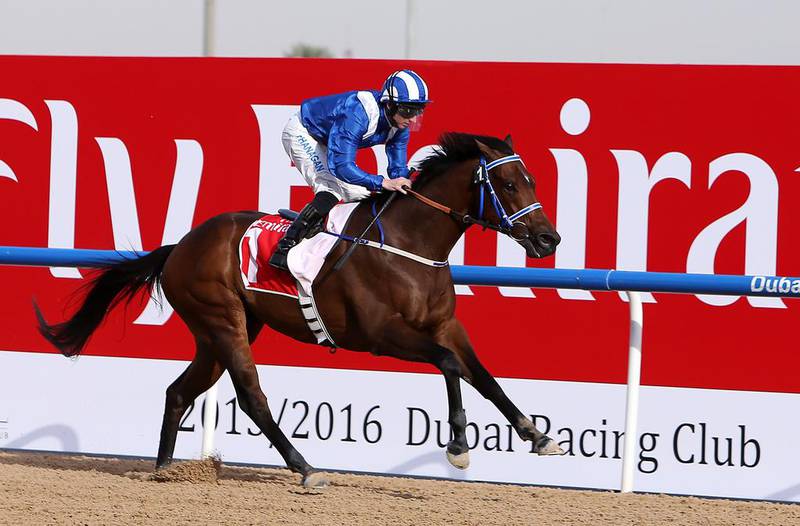 Muarrab, ridden by Paul Hanagan, crosses the finish line to win the 2016 Dubai Golden Shaheen at the Dubai World Cup in March. Pawan Singh / The National 