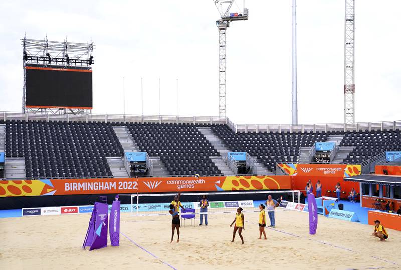 The Vanuatu team at a beach volleyball practice session at the Smithfield site. AP