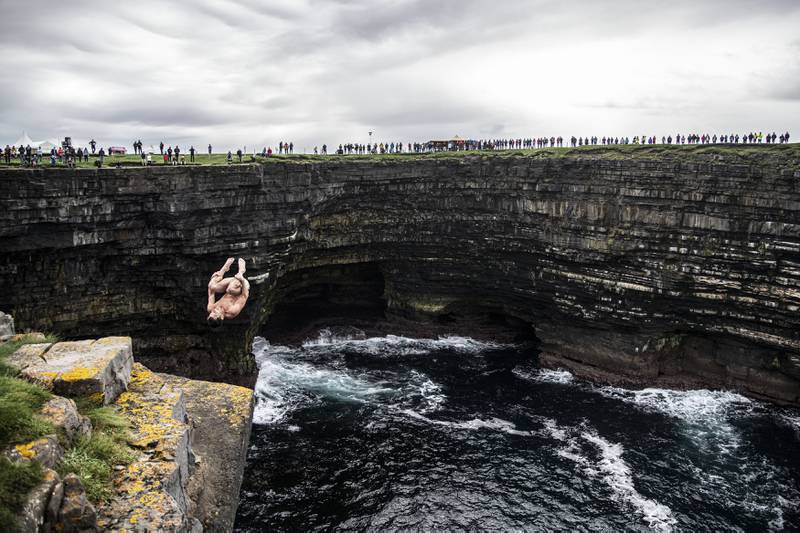 Steven LoBue of the USA during the Red Bull Cliff Diving World Series at Downpatrick Head, Ireland, on Saturday, September 11. Getty