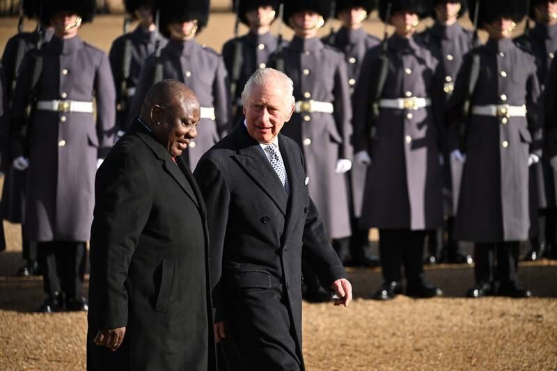 Britain's King Charles III and President of South Africa, Cyril Ramaphosa, attending a welcoming ceremony at Horse Guards Parade in central London on Tuesday. Getty Images