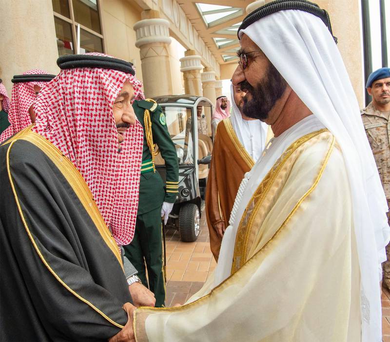 Saudi Arabia's King Salman greets Sheikh Mohammed bin Rashid on arrival in Riyadh. Photo SPA