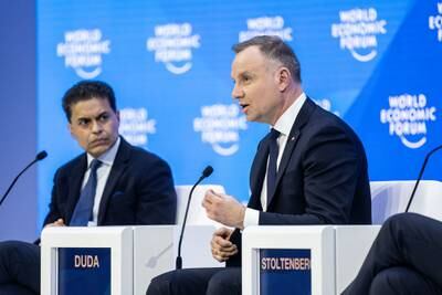 Polish President Andrzej Duda speaks at the Restoring Security and Peace session. Photo: WEF