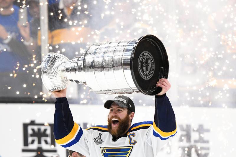 St. Louis Blues defenseman Alex Pietrangelo (27) holds the Stanley Cup after the Blues defeated the Boston Bruins in game seven of the 2019 Stanley Cup Final at TD Garden. USA TODAY Sports
