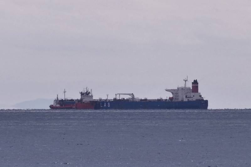 The seized Russian-flagged oil tanker Pegas is seen anchored off the shore of Karystos, on the Island of Evia, Greece, April 19, 2022. Reuters