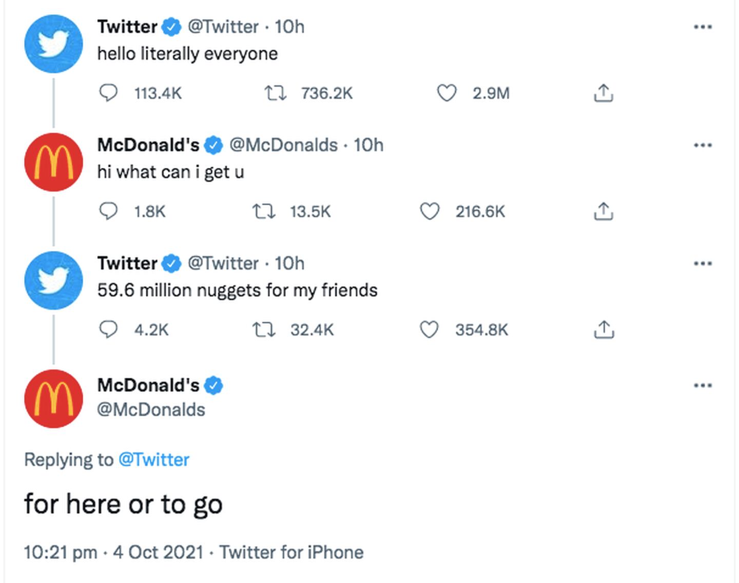 The official social media accounts for Twitter and McDonalds interact during the Facebook outage. Photo: Twitter