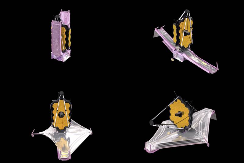 This combination of images from an animation made available by Nasa shows the unfolding of the components of the James Webb Space Telescope. Webb is so big that it had to be folded origami-style to fit into the nose cone of the Ariane rocket. AP