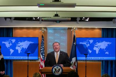 US Secretary of State Mike Pompeo speaks to the media in the briefing room at the State Department in Washington, DC.  EPA